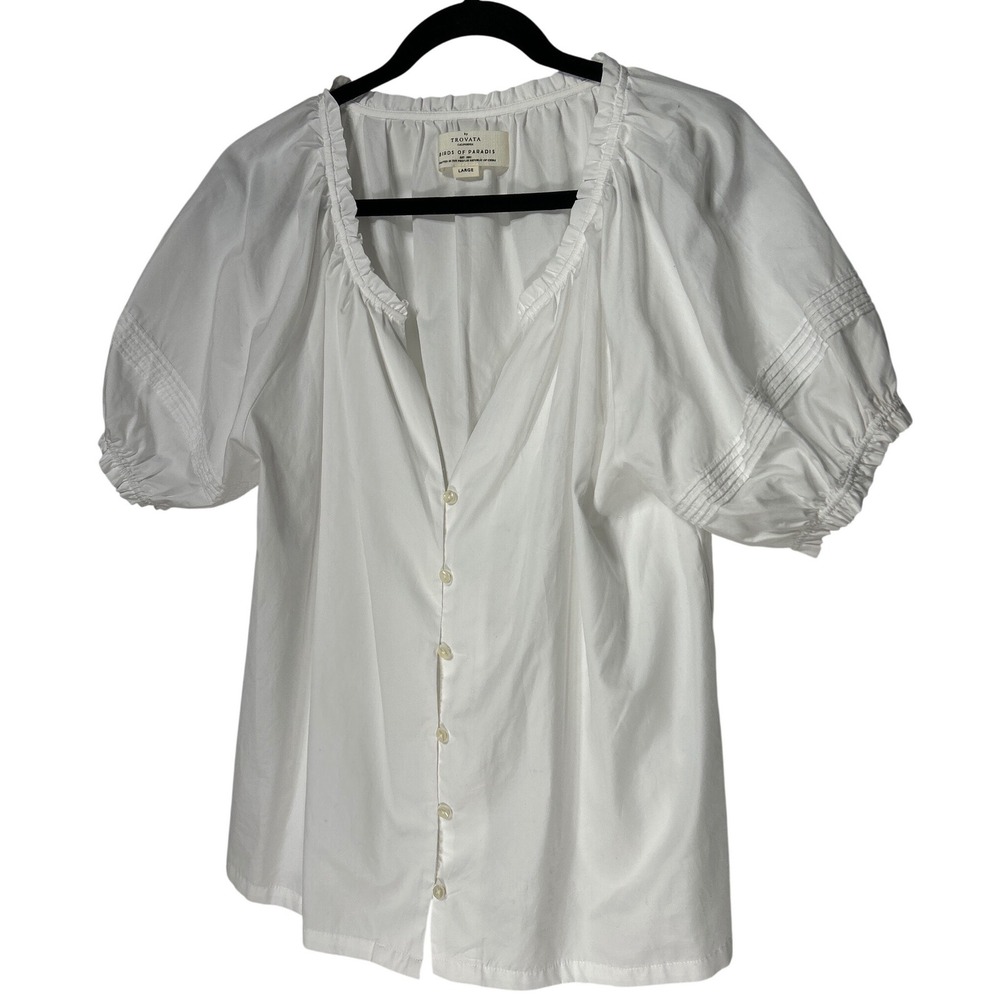 Birds of Paradis by Trovata White Cotton Puff Sleeve Pintuck Blouse Large EUC